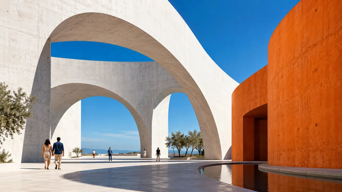 Sunlit white arches beside vivid blue and terracotta architecture