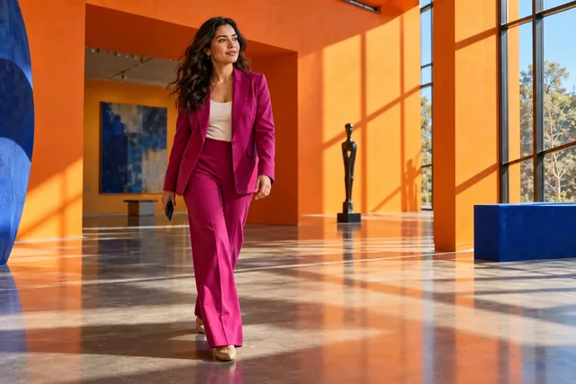 Professional in a magenta suit walking through bold orange architecture