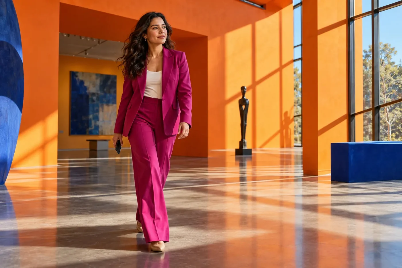 Professional in a magenta suit walking through bold orange architecture