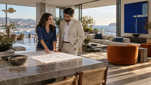 Two property professionals reviewing plans in a contemporary apartment