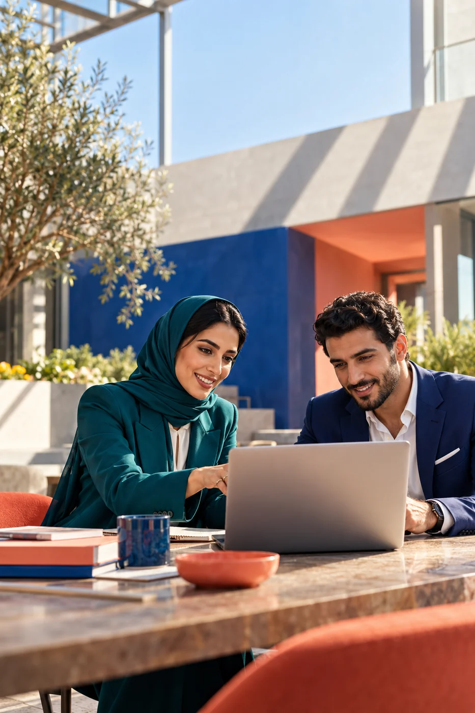 Two colleagues reviewing a laptop in a sunlit courtyard