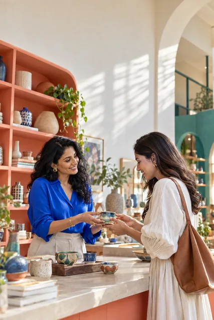 Customer and boutique owner sharing a friendly moment in a colorful shop