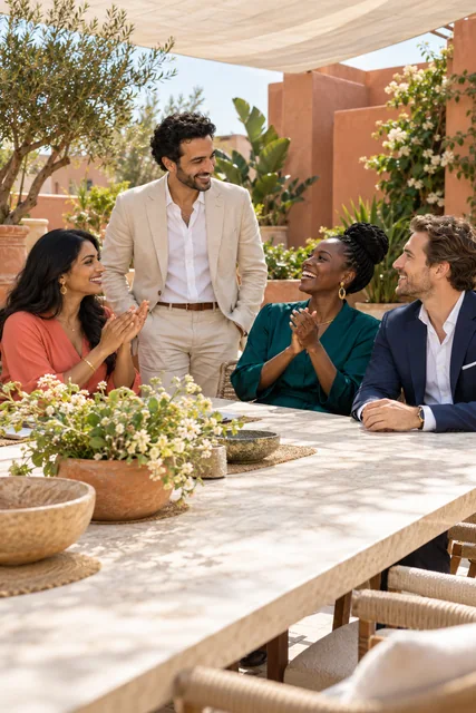 Colleagues sharing a lively conversation around a garden table