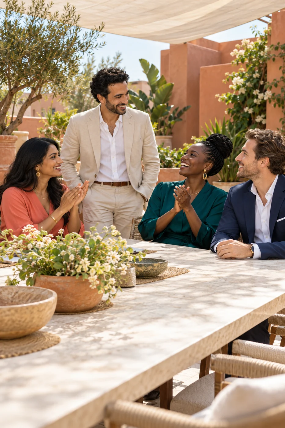 Colleagues sharing a lively conversation around a garden table