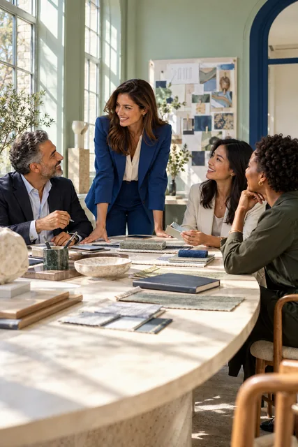 Team reviewing a presentation in a light-filled studio