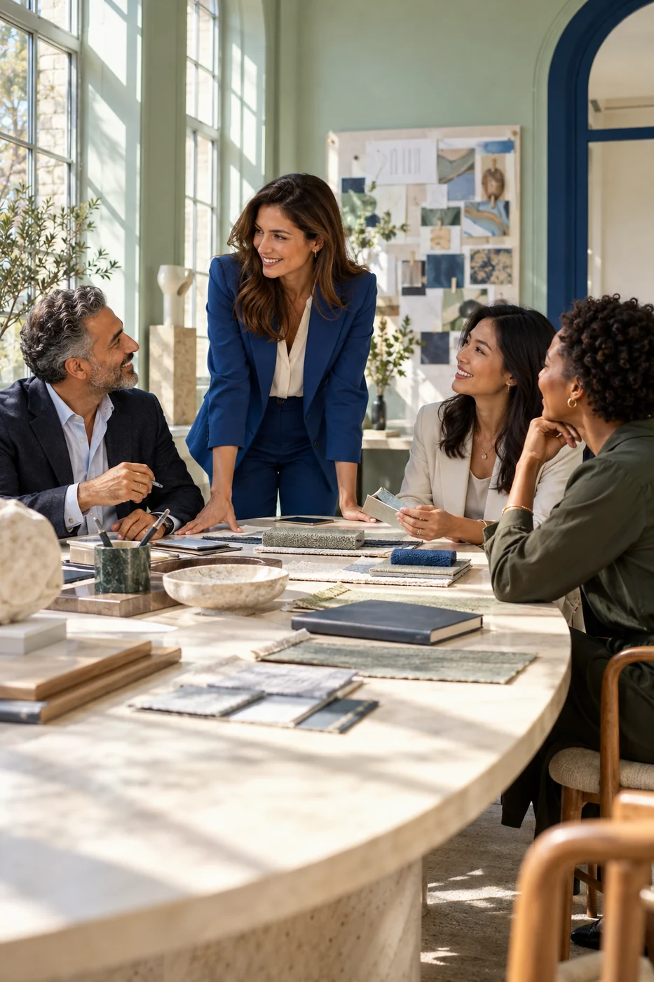 Team reviewing a presentation in a light-filled studio