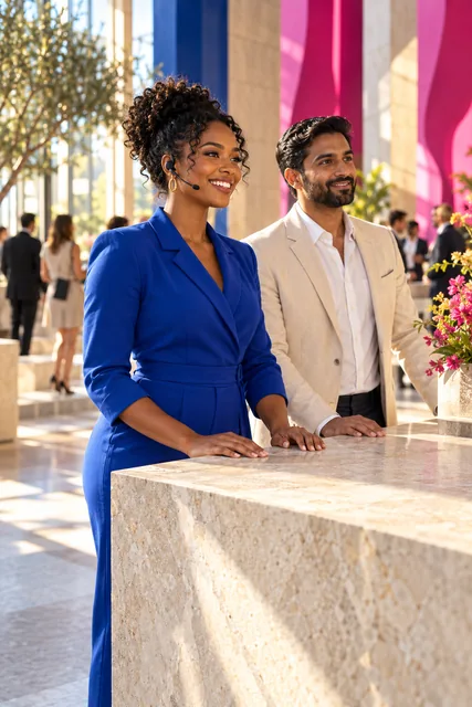 Event host welcoming a guest at a colorful reception counter