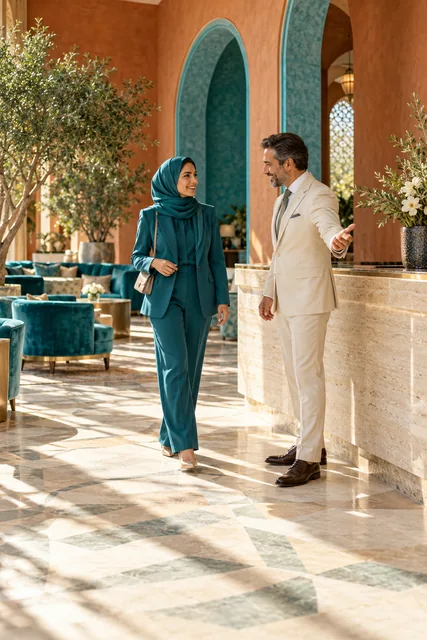 Two members meeting in a sunlit courtyard with green and terracotta walls