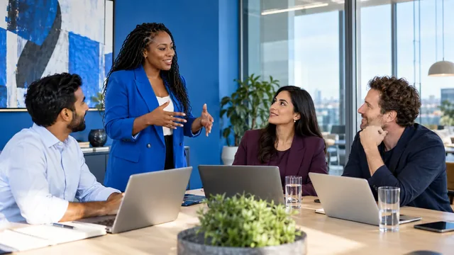 A business team discussing a presentation in a bright office