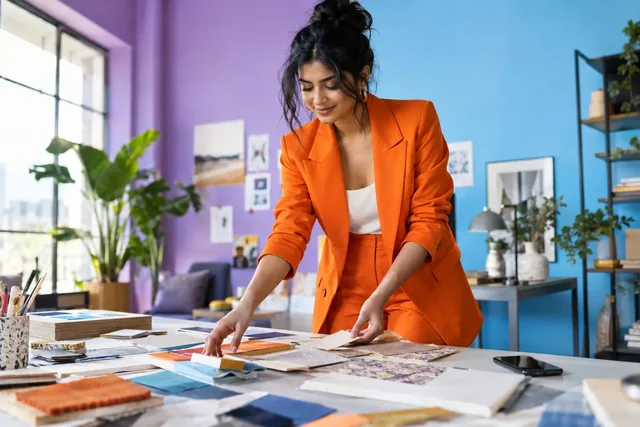 Designer reviewing colorful materials in a daylight creative studio