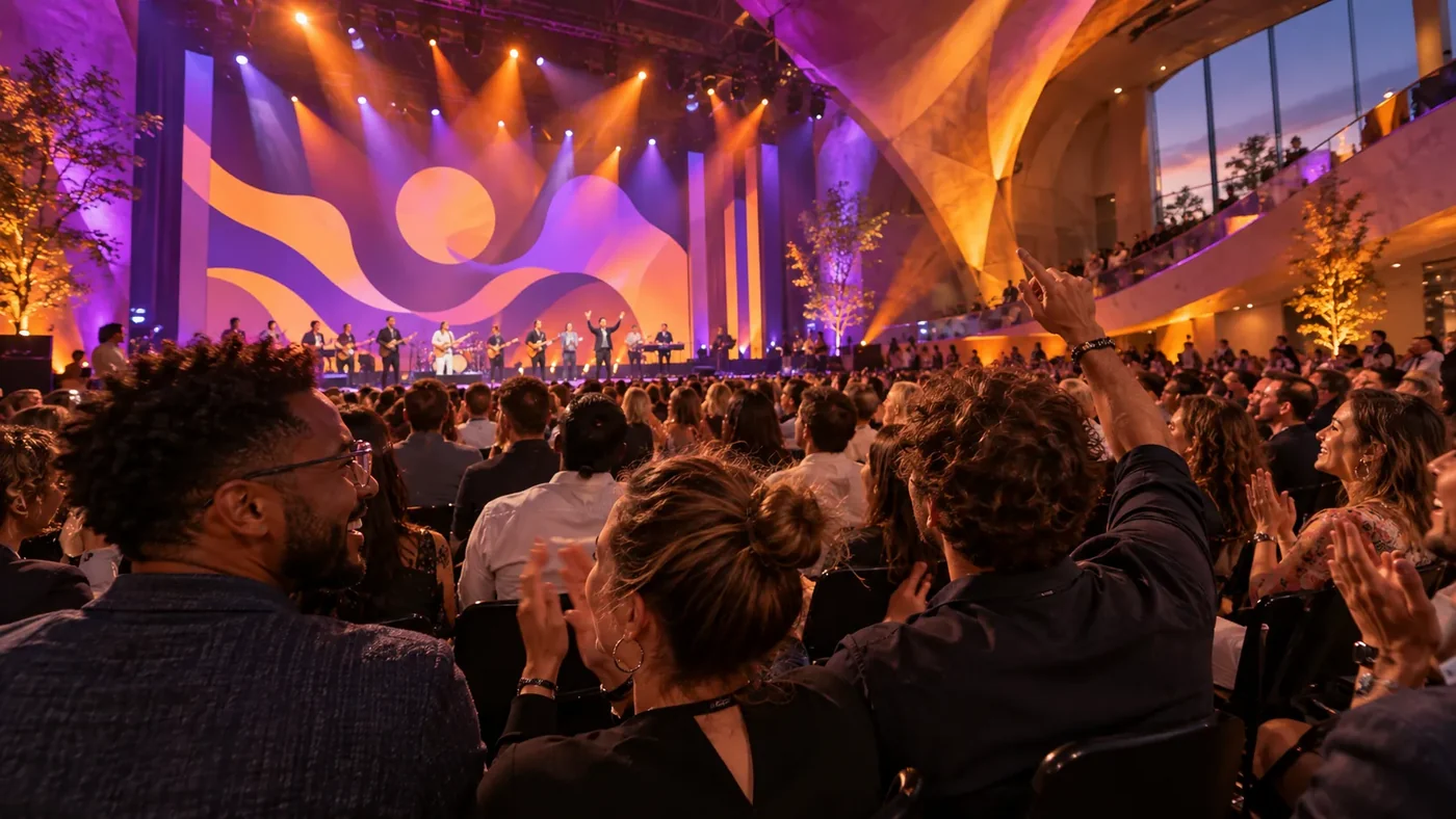 Audience watching a colorful presentation in a large conference hall