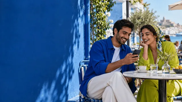 Two friends sharing a smartphone at a cafe beside a vivid blue wall