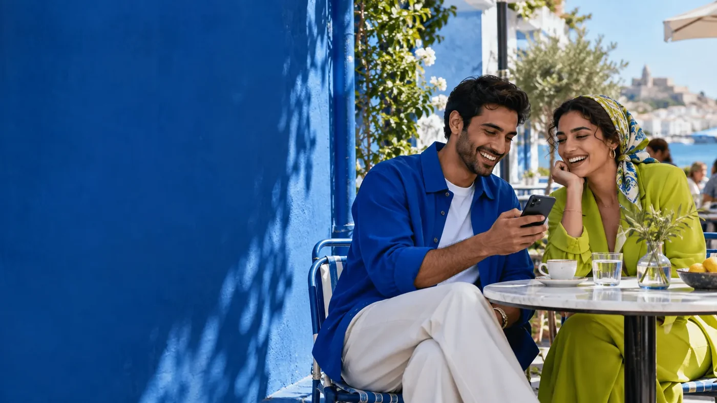 Two friends sharing a smartphone at a cafe beside a vivid blue wall