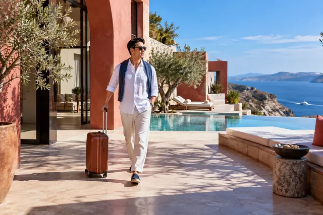 Traveler walking with luggage beside a sunny coastal hotel