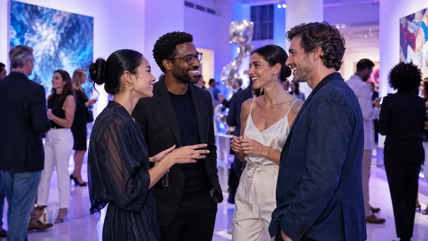 Four attendees networking at a colorful evening industry event
